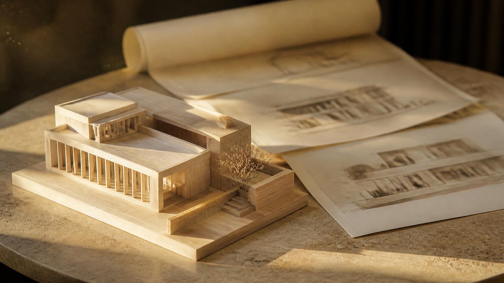 An architectural model and drawings showing how separate parts of a structure connect
