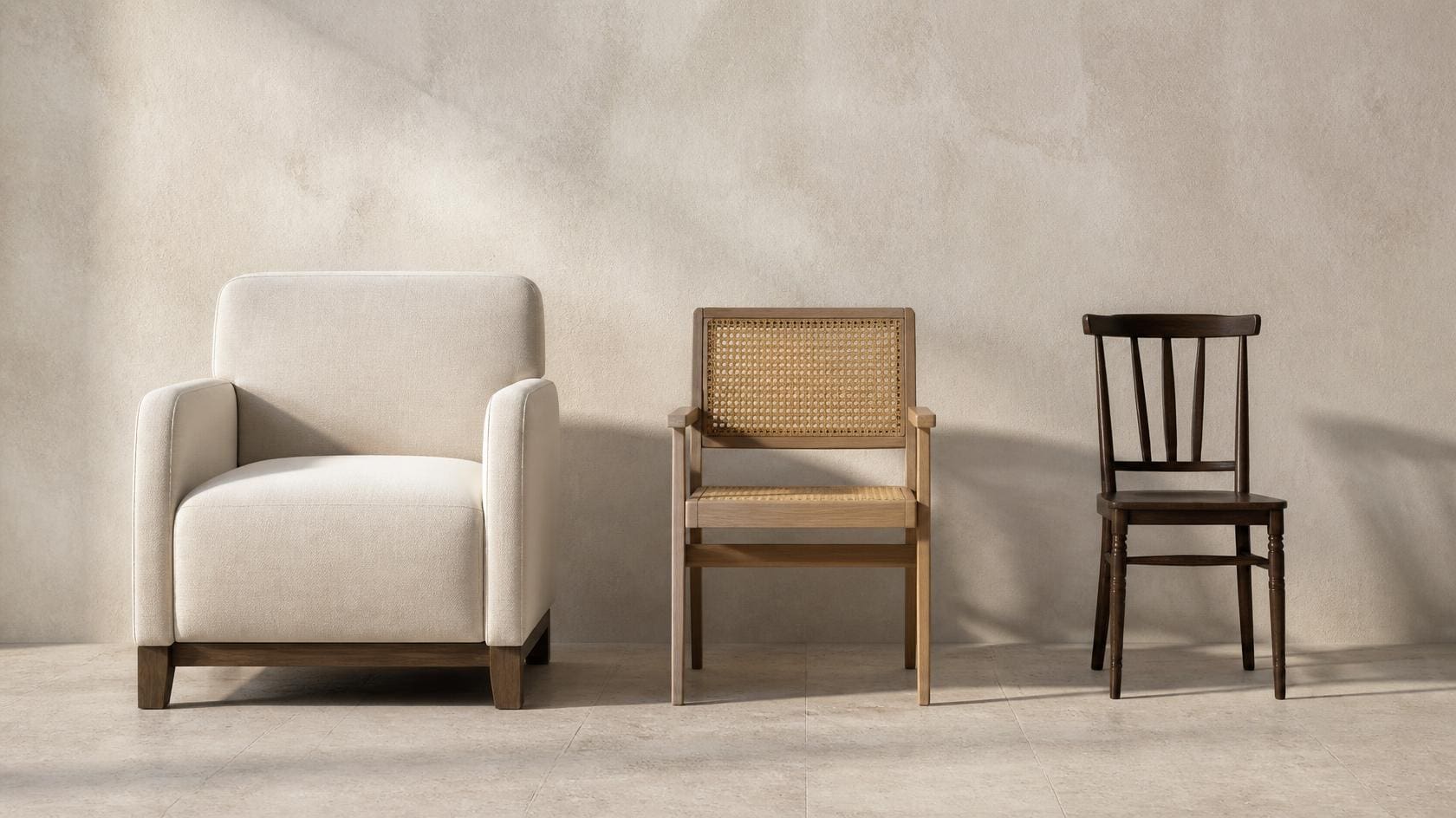 Three chairs of differing scale representing three distinct operational roles