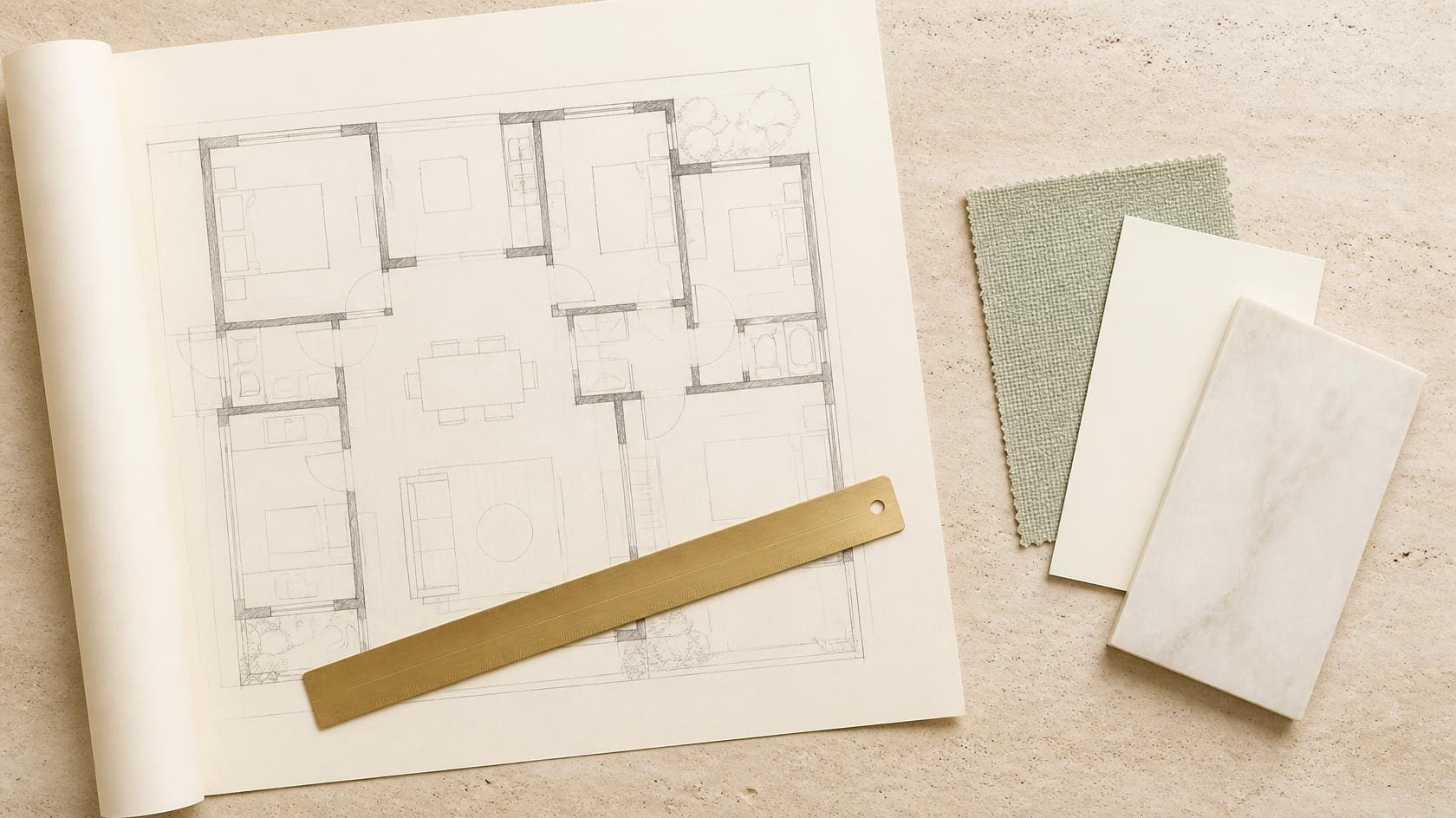 An architectural floor plan beside surface material samples