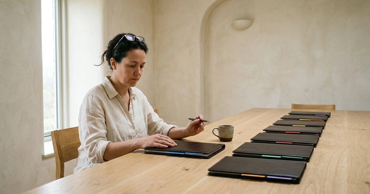 A founder at the head of a long table with a row of folders waiting on her