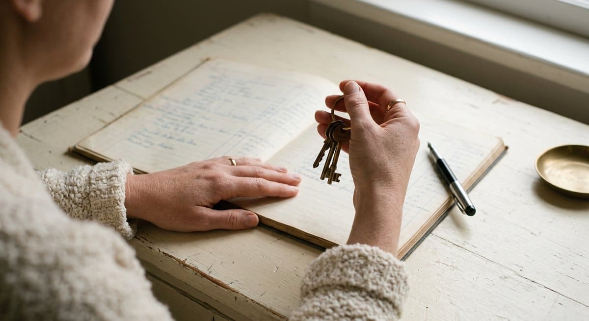 A founder's hands holding a ring of keys above an open ledger