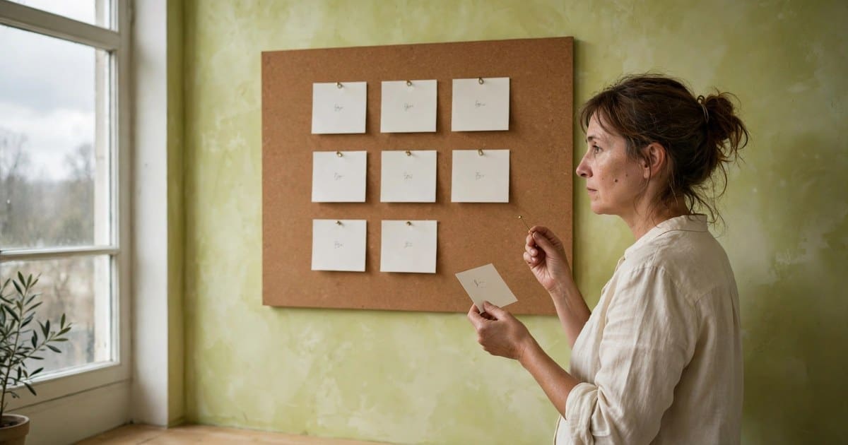 A founder pinning index cards to a cork board, three in the top row in her own handwriting