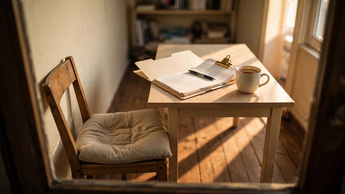 An empty chair pulled out from a desk with an open folder waiting on it